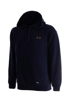 Donkerblauwe hoodie met buidelzak, capuchon, twee kleine gele sterren op de linkerborst en een klein "COMA" logo bij de zak.