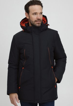 Black padded jacket featuring a hood with orange accents, two side zip pockets, adjustable drawstrings, and a straight hem.