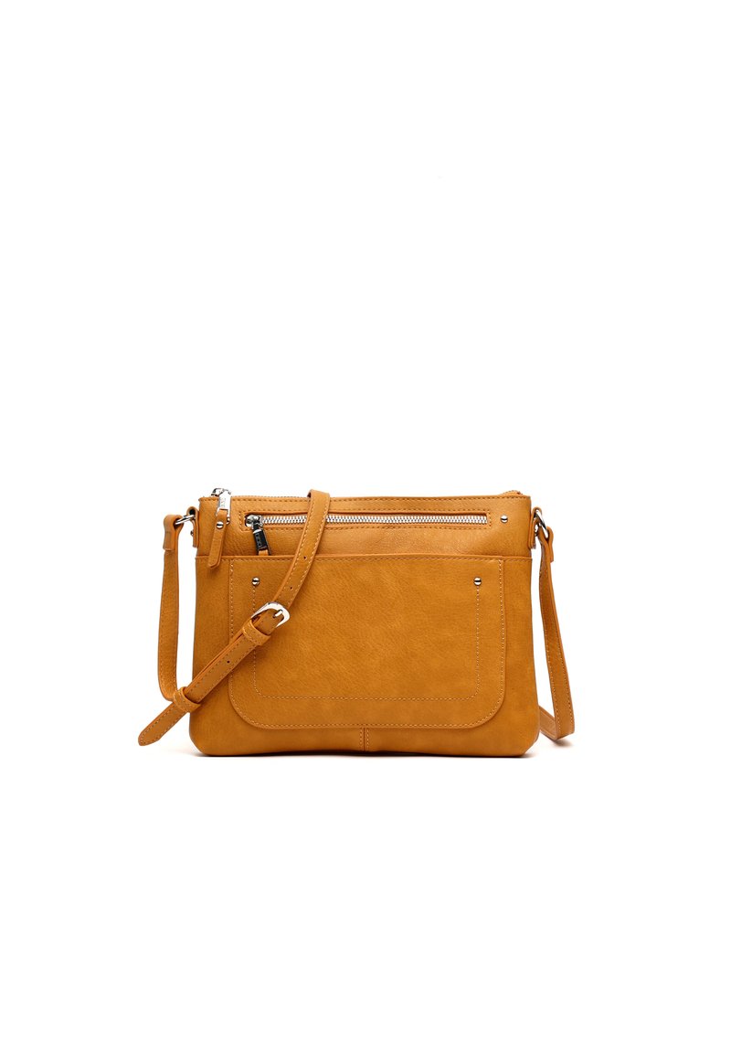 Bolso cruzado de cuero amarillo mostaza con cierre superior con cremallera, bolsillo frontal, correa ajustable y detalles metálicos. Textura suave con líneas limpias.