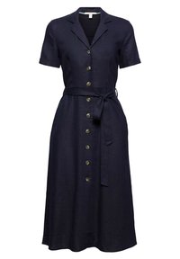 Robe en lin bleu marine avec manches courtes, col, devant boutonné et ceinture assortie à la taille. Dotée de boutons dorés et d'une jupe arrivant au genou.