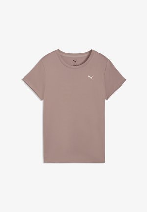 T-shirt manches courtes mauve clair en tissu extensible. Il présente un col rond et un petit logo blanc sur la poitrine.