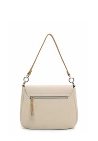 Borsa a mano in pelle beige con una forma strutturata, dotata di una tracolla rimovibile, una tasca con zip frontale e una finitura testo.