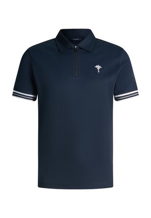 Polo blu navy a maniche corte con colletto, cerniera frontale, logo floreale bianco sul petto e polsini delle maniche con strisce bianche.