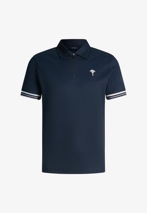 Polo blu navy a maniche corte con colletto, cerniera frontale, logo floreale bianco sul petto e polsini delle maniche con strisce bianche.