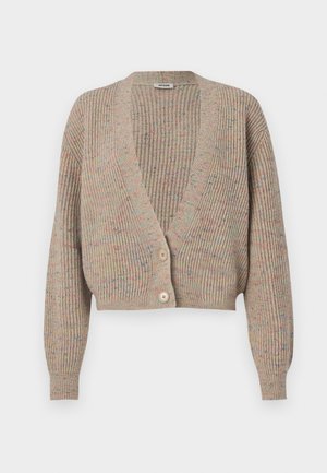 Beige ribbet cardigan med dyp V-hals, to store knapper og flerfargede prikkar. Kuttet design med lange, tettsittende ermer.