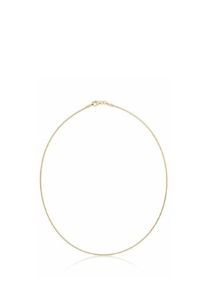 Dünne goldene Halskette mit kleinem Verschluss, auf weißem Hintergrund dargestellt.