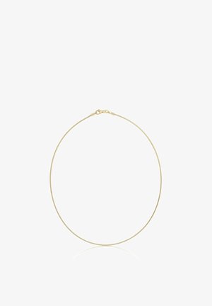 Collana sottile a catena d'oro con una piccola chiusura, mostrata su sfondo bianco.