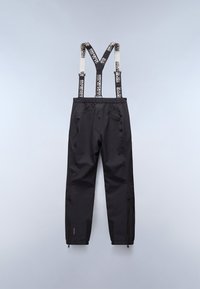 Zwarte waterdichte broek met verstelbare bretels en een logo-patroon. Inclusief ritssluitingen bij de enkels en meerdere zakken voor functionaliteit.