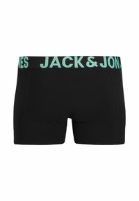 Calzoncillos tipo bóxer negros con una cinturilla elástica turquesa con el texto "JACK & JONES". Textura suave y diseño ajustado.
