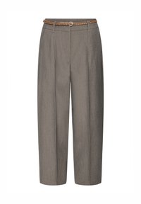 Grau tailierte Hose mit hoher Taille, plissiertem Design und einem geflochtenen braunen Gürtel. Glatte Textur und lockere Passform, endet auf Höhe der Waden.