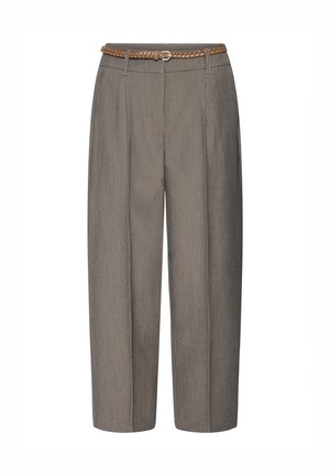 Grey tailored trousers with a high waist, pleated design, and a braided brown belt. Smooth texture and loose fit, ending at mid-calf.