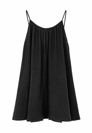 Czarna sukienka bez rękawów z cienkimi ramiączkami i luźną, zwiewną sylwetką wykonaną z teksturowanej tkaniny.