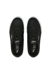 Zapatillas de cuero negras con suelas de goma blanca, con diseño de cordones, marca en la lengua y plantilla, y superficie texturizada.