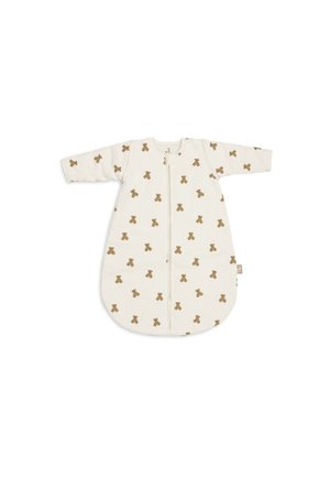 Gigoteuse pour bébé de couleur crème avec manches longues, décorée de petits motifs d'ours en peluche marron et une fermeture éclair sur le devant.