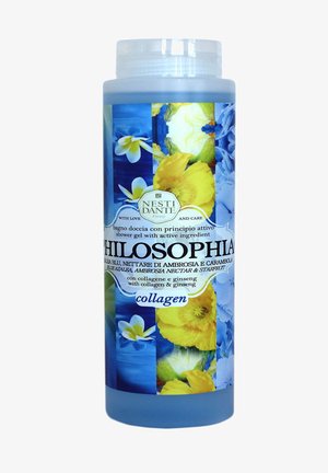 Blaue Plastikflasche mit Duschgel von Nesti Dante mit floralen Motiven, die gelbe und blaue Blumen zeigt, sowie Text, der Kollagen und Ginseng hervorhebt.