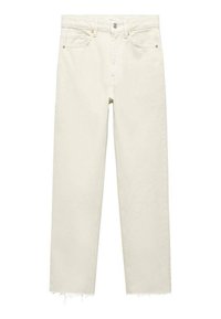 Jeans in denim bianco a taglio dritto, con orli sfrangiati, rivetti in rame e due tasche frontali. Il tessuto appare robusto e texture.