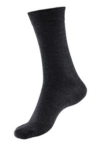 Dunkelgraue Socke aus weichem Material, mit geripptem Bündchen und glatter Textur, entworfen für eine enganliegende Passform um den Knöchel.