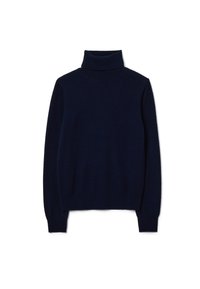 Marineblauer Rollkragenpullover aus weichem Stoff mit langen Ärmeln, einer taillierten Silhouette sowie geripptem Kragen und Saum.