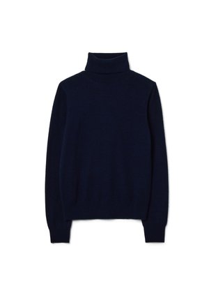 Maglione dolcevita blu navy realizzato in tessuto morbido con maniche lunghe, caratterizzato da una silhouette aderente e da collo e orlo a coste.