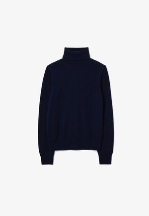 Maglione dolcevita blu navy realizzato in tessuto morbido con maniche lunghe, caratterizzato da una silhouette aderente e da collo e orlo a coste.