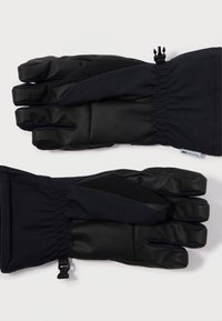 Luvas pretas feitas de uma combinação de couro e tecido, com um ajuste justo, punho franzido e fechos ajustáveis para um uso seguro.