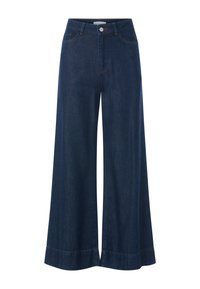 Wide-leg dark blue denim pants with a high waistband, front pockets, and orange stitching details along the seams and cuffs.