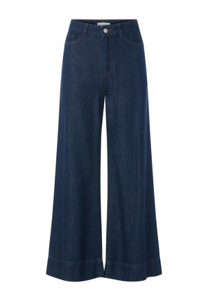 Weit geschnittene dunkelblaue Jeanshose mit hoher Taille, Fronttaschen und orangenen Stichdetails entlang der Nähte und Säume.