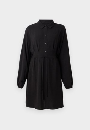 Black shirt dress made of soft fabric, featuring a collared neckline, button front, long sleeves with elastic cuffs, and a tie waist.