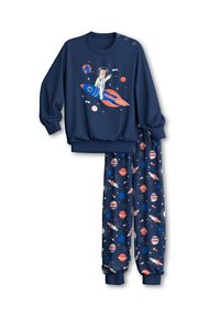 Navy blue sweatshirt with astronaut and rocket graphics, paired with pants featuring planet patterns. Elastic cuffs and waistband included.