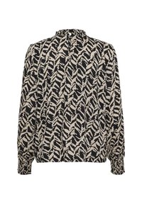 Blouse noire et beige avec un motif de feuilles, manches ballons avec des poignets élastiques, encolure froncée et une ouverture en goutte au dos.
