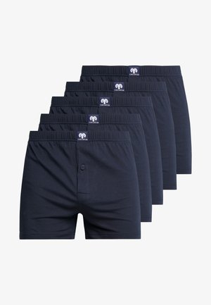 Five pairs of navy blue cotton boxer shorts, featuring a front button and an elastic waistband with a branded label.