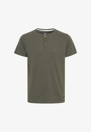 Olive green short-sleeve t-shirt made of soft cotton, featuring a curved neckline, three-button placket, and a small brand label at the hem.
