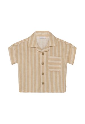 Korte mouwen, beige gestreept overhemd met kraag, vijf knopen en een borstzak. Gestructureerde stof met contrasterende witte strepen.