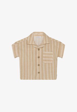 Chemise beige à manches courtes à rayures avec col, cinq boutons et une poche frontale. Tissu texturé avec des rayures blanches contrastantes.
