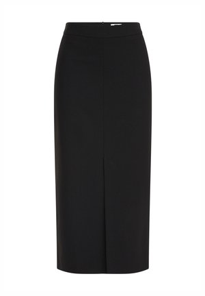 Jupe crayon midi noire taille haute avec une fente frontale et une fermeture éclair dissimulée sur fond blanc.