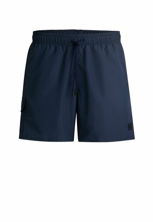 Shorts de bain navy en tissu léger, taille élastique avec cordon de serrage, poche cargo sur le côté et patch logo en bas.