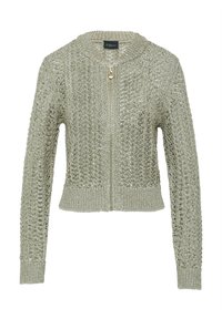 Jasnozielony dziergany kardigan z zapięciem na zamek, okrągłym dekoltem, teksturowanym wzorem oraz prążkowanymi mankietami i dołem. Wykonany z miękkiego, oddychającego materiału.