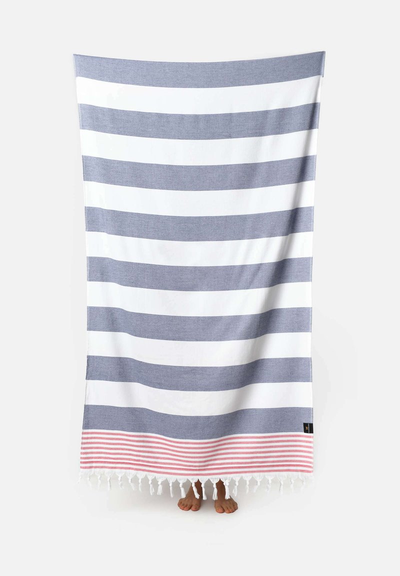 Striped towel featuring alternating white and gray stripes. The bottom has a pink striped accent and white tassels. Soft, lightweight fabric.