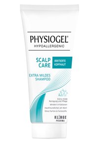 Weißes Tüble Shampoo mit Flip-Top-Verschluss. Mit grünen Akzenten und Text, der hypoallergen, zur Kopfhautpflege und milden Formulierungen anzeigt.