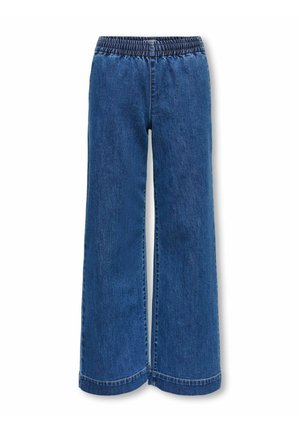 Blå denim bukser med vidde ben og elastisk talje, uden synlige lommer eller lukninger, vist mod en hvid baggrund.