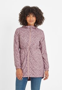 Lightweight, mauve rain jacket with a textured pattern, cinched waist, and front zipper. Features a hood and elastic cuffs.