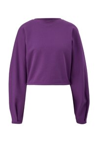 Suéter corto morado con mangas largas, hecho de una tela suave. Presenta un cuello redondo y puños acanalados, diseñado para un ajuste relajado.