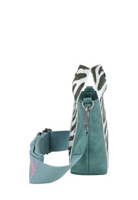 Zebra-gepatenteerde handtas met een teal suede lichaam, een stijlvolle vorm en een afneembare strap met logo-accent. Ritsluiting aan de bovenkant.