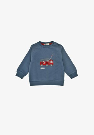 Blauer Sweatshirt mit gesticktem roten Feuerwehrauto-Design, Rundhalsausschnitt, langen Ärmeln sowie gerippten Bündchen und Saum.