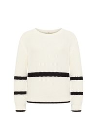 Gestickter Pullover in Creme mit schwarzen horizontalen Streifen. Mit geripptem Halsausschnitt, Bündchen und Saum. Strukturmuster im gesamten Design.