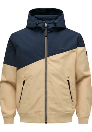 Herrejakke med hætte, marineblå øverst, beige nederst, diagonalt farveskift, lynlås foran, lynlåslommer samt ribstrikkede manchetter og kant.