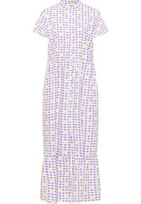 Rochie cu model triunghiular violet și galben, cu mâneci scurte. Are un guler mandarin și un tiv evazat, fiind realizată dintr-un material ușor.
