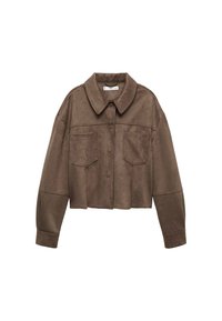 Braune Fake-Suede cropped Jacke mit kragenförmigem Ausschnitt, zwei Brusttaschen und langen Ärmeln, ausgestattet mit Druckknopfverschluss und gesteppten Details.