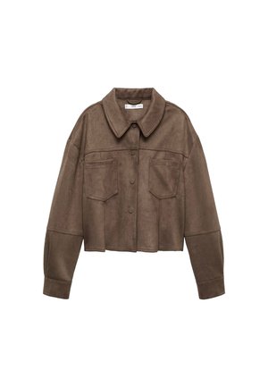 Brown faux suede cropped jacket with a collared neckline, two chest pockets, and long sleeves, featuring button closure and stitched detailing.
