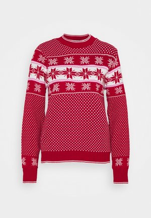 Czerwony dziany sweter z białymi wzorami śnieżynek na klatce piersiowej, rękawach i mankietach, z małym kwadratowym wzorem kropek na korpusie i rękawach.
